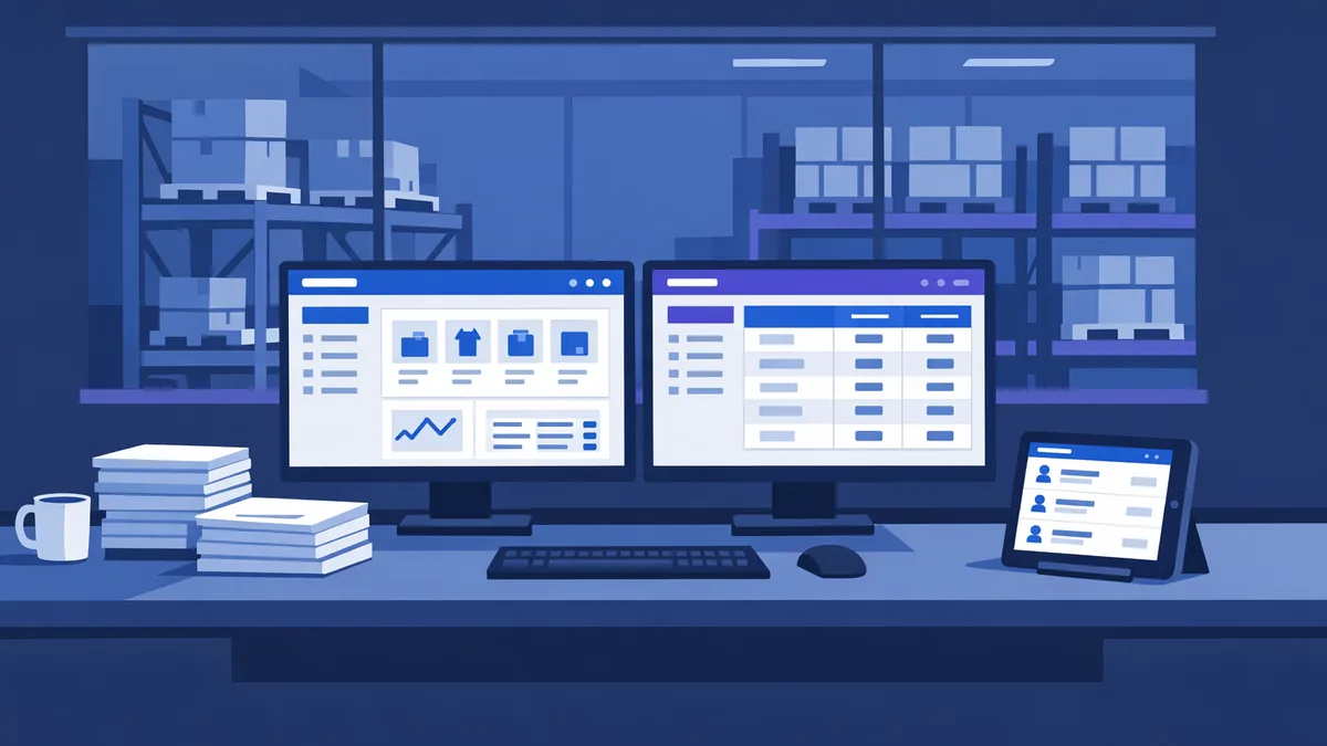 A modern industrial warehouse office with a large desk, dual monitors displaying a B2B procurement dashboard with product catalogs, purchase orders and pricing tables, stacks of printed invoices, a tablet showing supplier listings, pallets and metal shelving visible through a glass partition in the background, cool daylight, no people, professional and clean composition.