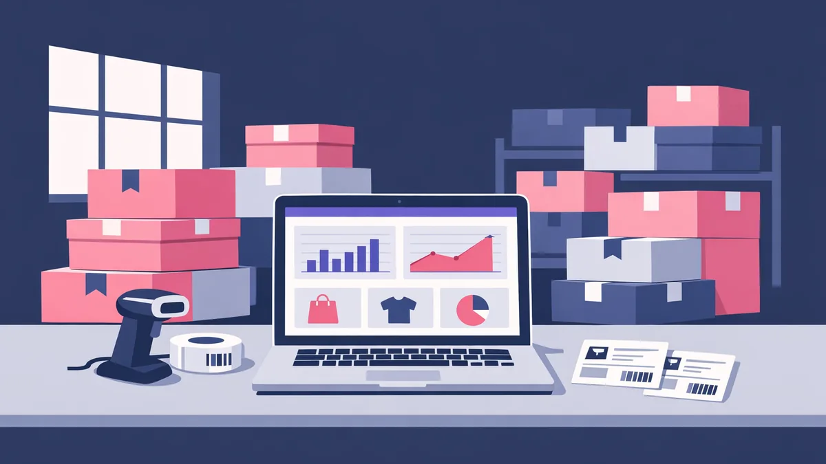 A modern warehouse workspace with neatly stacked fashion boxes, a laptop displaying an e-commerce seller dashboard with sales charts, barcode scanner and shipping labels on a clean desk, soft daylight from large windows, pink and navy accent tones, shallow depth of field, no people visible.