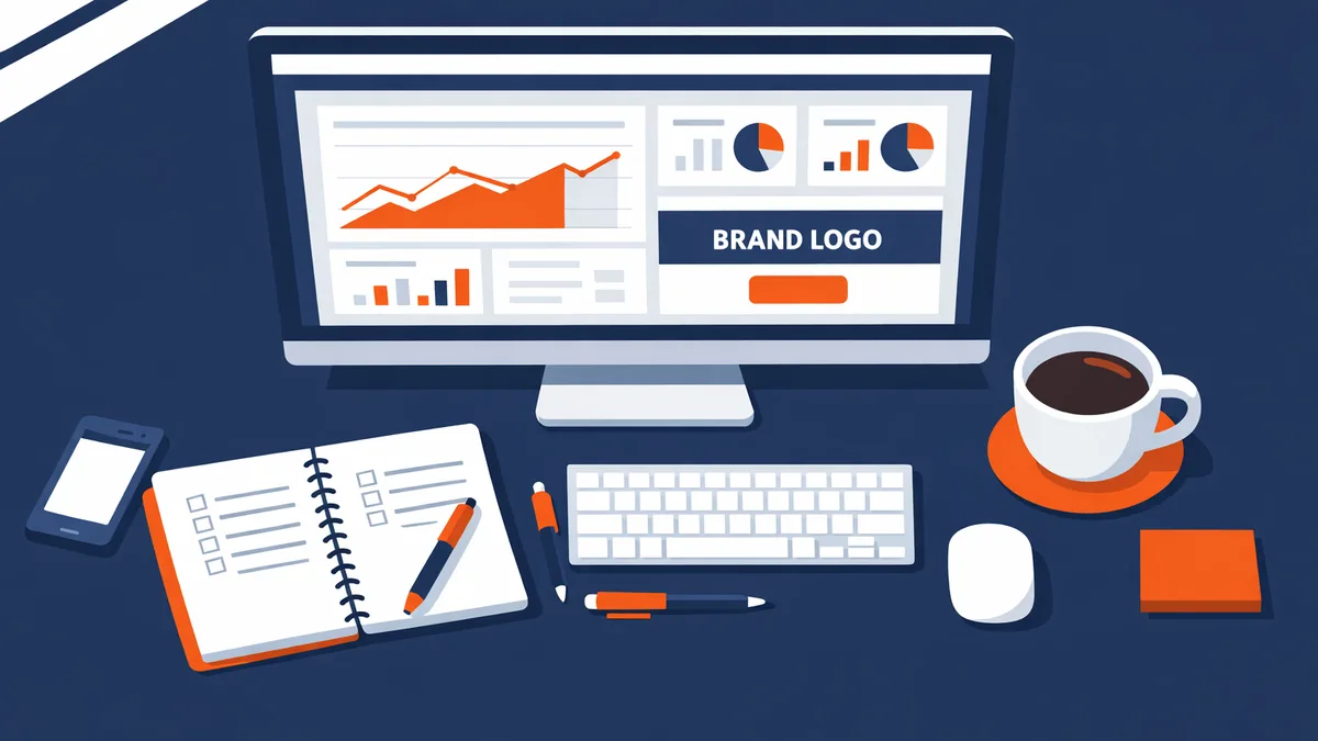A clean modern desktop workspace viewed from above, showing a large monitor displaying an e-commerce advertising dashboard with colorful performance charts, a banner ad mockup with brand logo placeholder, a notebook with handwritten keyword lists, a coffee cup, soft natural window light, navy and orange color accents, shallow depth of field, no people