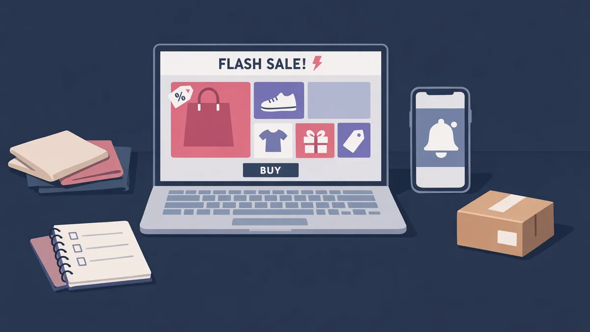 A modern flat-lay desk scene with a laptop screen showing an abstract e-commerce flash sale interface with colored product tiles, a smartphone displaying a notification bell icon, a notebook with handwritten brand lists, folded fabric swatches and a small cardboard parcel, soft daylight, muted navy and beige tones, no human faces, clean professional editorial photography style.